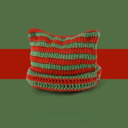 Beanie with Cat Ears - Red and Green / 56-58cm - Cat beanie