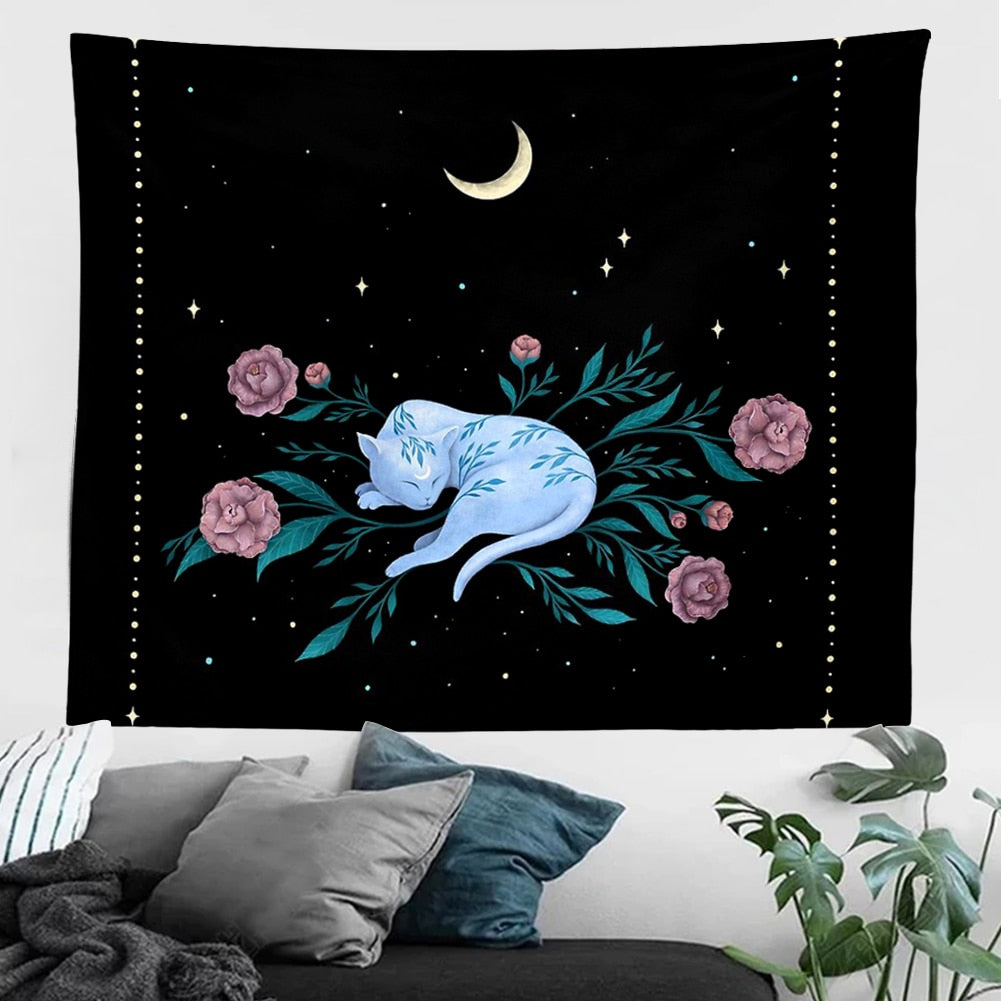 Black Cat Crescent Moon Tapestry - Cat Tapestry