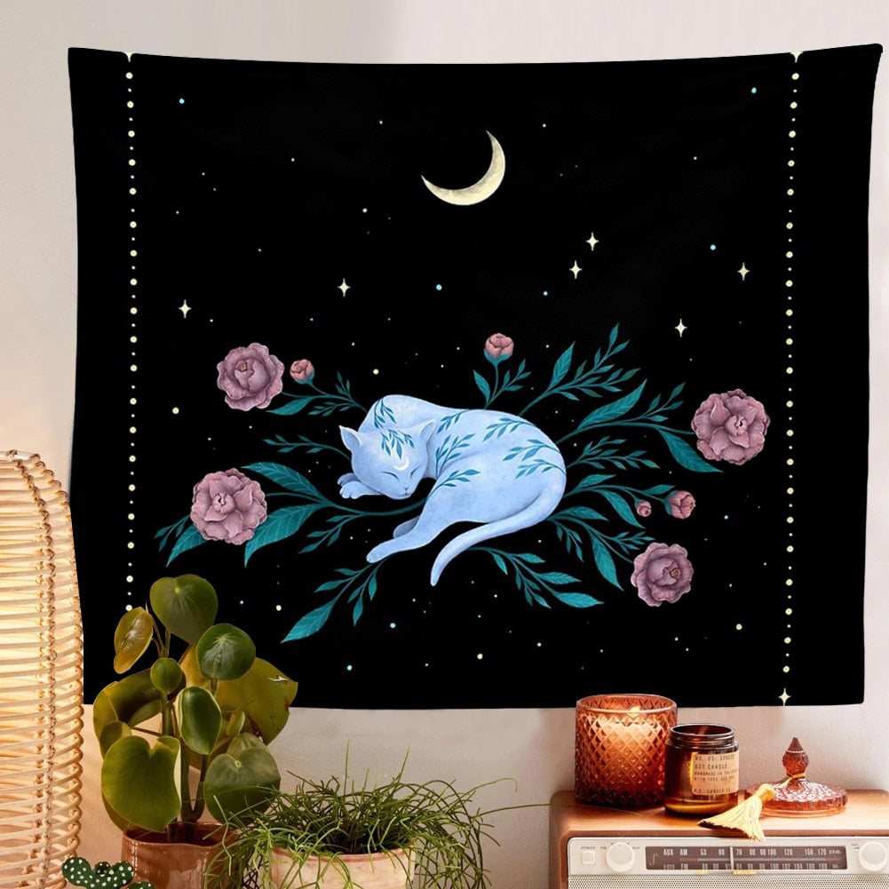 Black Cat Crescent Moon Tapestry - Cat Tapestry