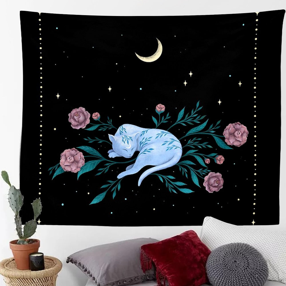 Black Cat Crescent Moon Tapestry - Cat Tapestry