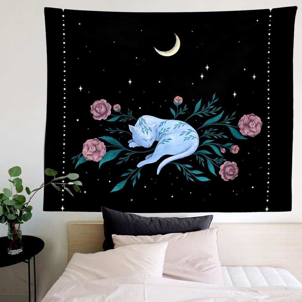 Black Cat Crescent Moon Tapestry - Cat Tapestry