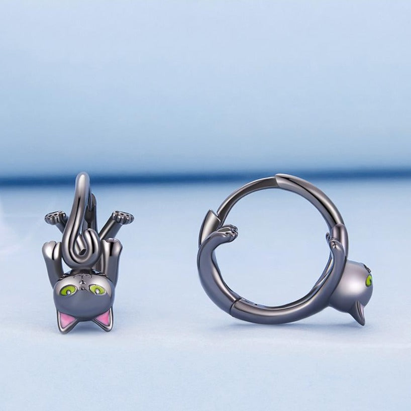 Black Cat Hoop Earrings - Cat earrings
