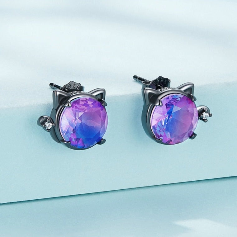 Black Eye Silver Cat Earrings - Cat earrings