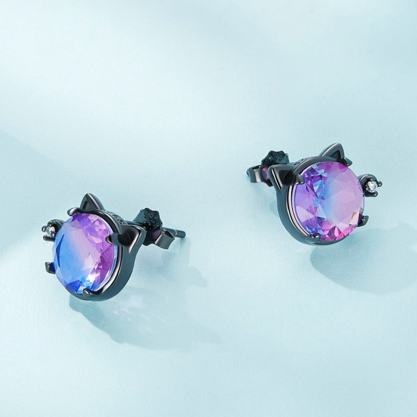 Black Eye Silver Cat Earrings - Cat earrings