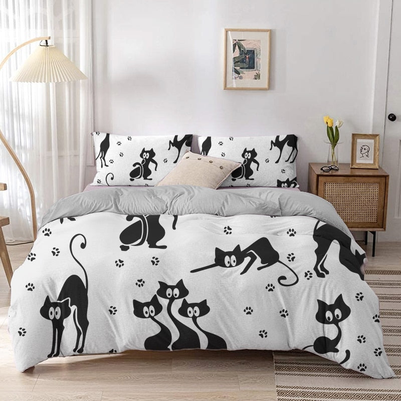 Cartoon Cat Duvet Cover - Black and White / 70x133cm 2pcs