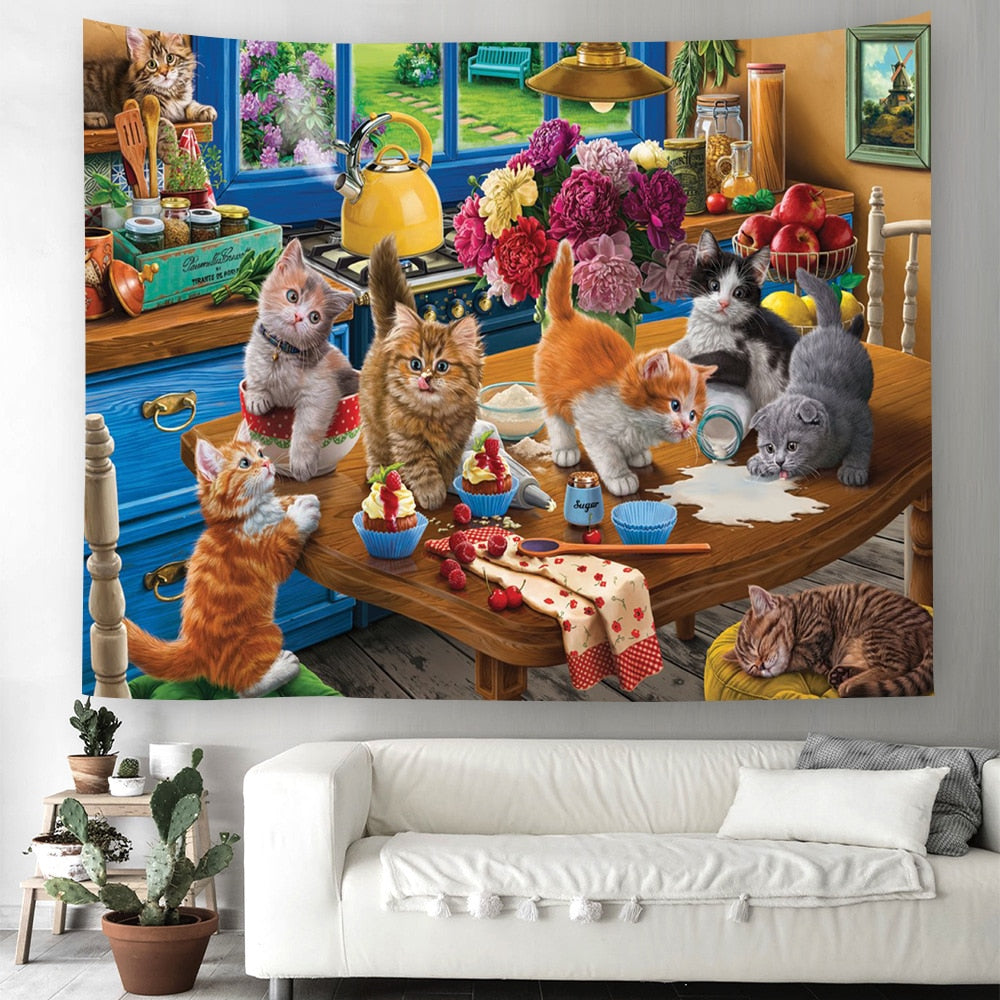 Cartoon Cat Tapestry - Table / 90x70cm - Cat Tapestry
