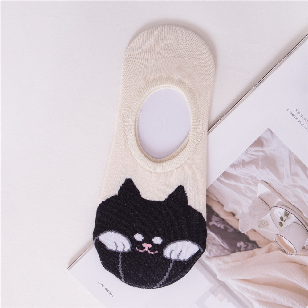 Cat Ankle Socks - Beige Black - Cat Socks