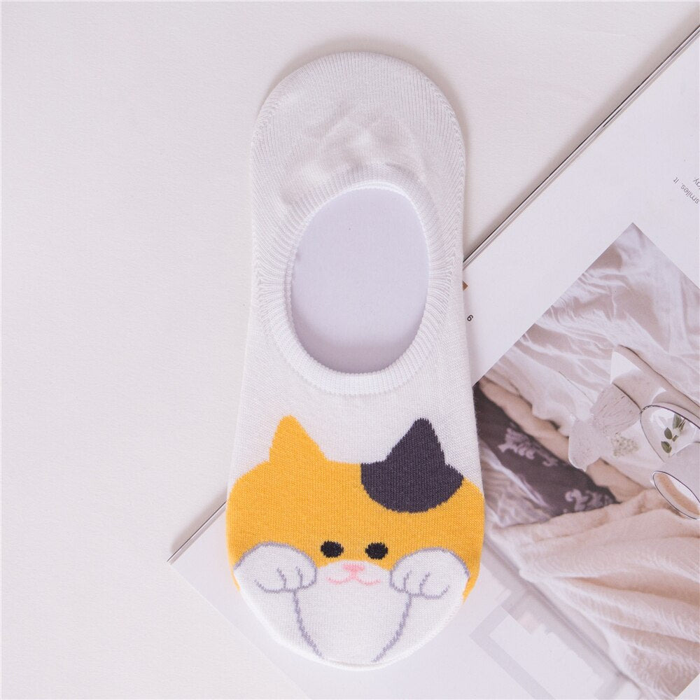 Cat Ankle Socks - White Yellow - Cat Socks