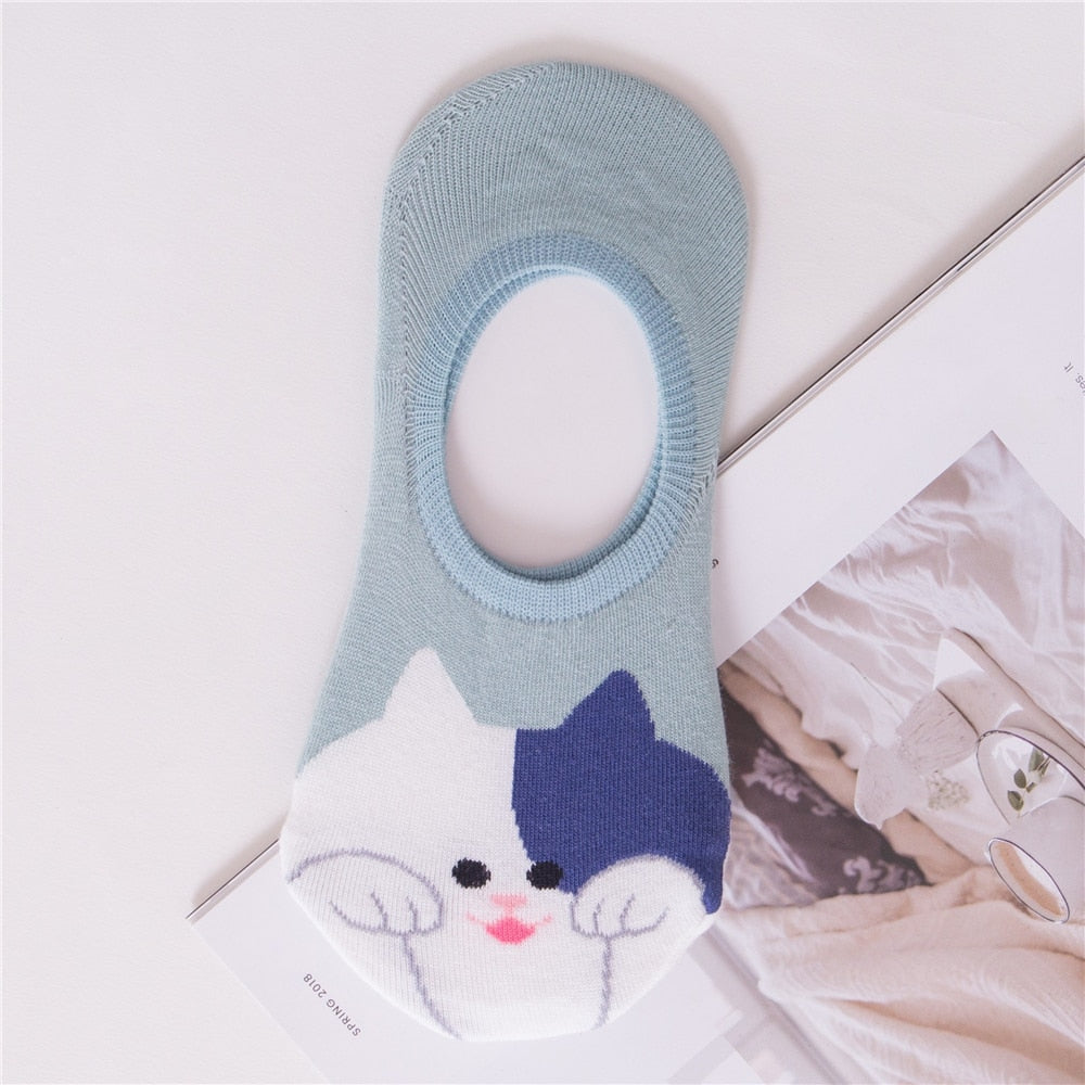 Cat Ankle Socks - Green Blue - Cat Socks