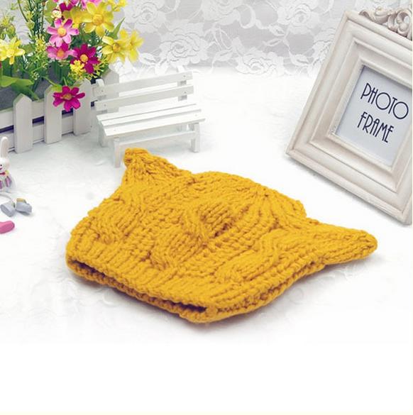Cat Ear Knit Beanie - Yellow / One Size - Cat beanie