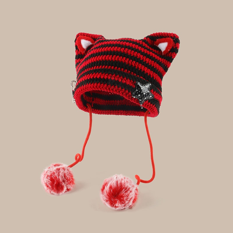 Cat Eared Beanie - Red Star / 56-58cm - Cat beanie