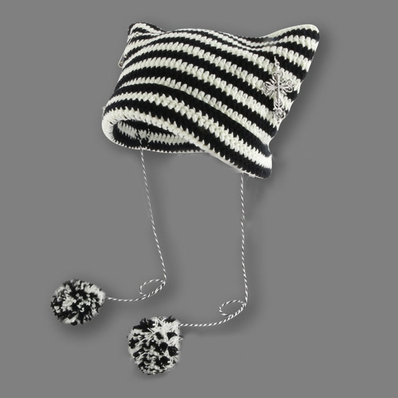 Cat Eared Beanie - White and Black / 56-58cm - Cat beanie