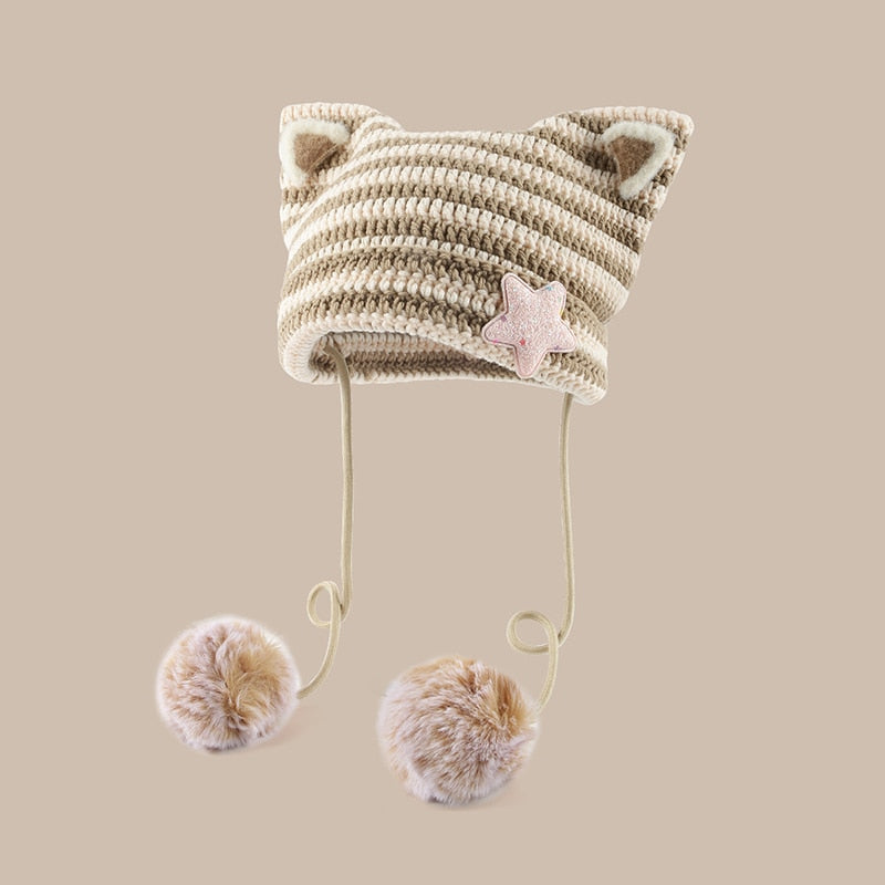 Cat Eared Beanie - Beige Star / 56-58cm - Cat beanie