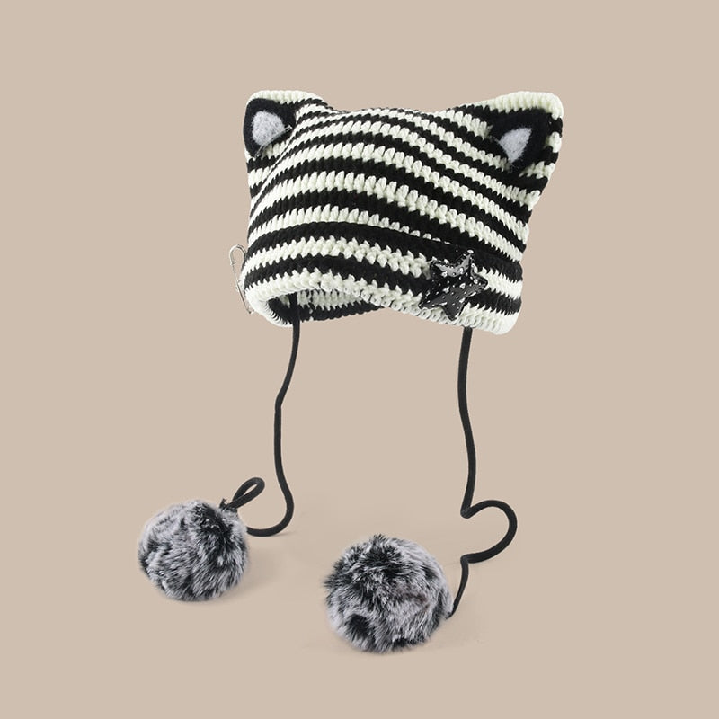 Cat Eared Beanie - Black and White / 56-58cm - Cat beanie