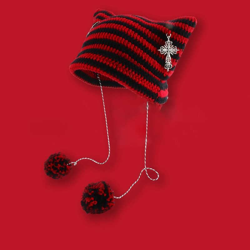 Cat Eared Beanie - Red and Black / 56-58cm - Cat beanie