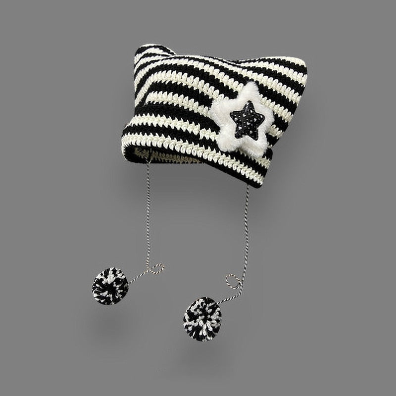 Cat Eared Beanie - White Black Star / 56-58cm - Cat beanie