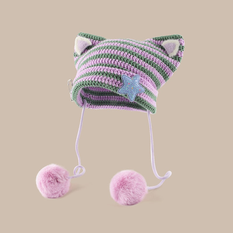 Cat Eared Beanie - Purple Star / 56-58cm - Cat beanie