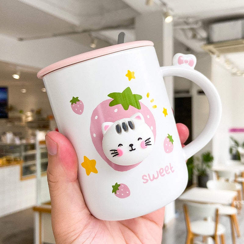 Cat Head Mug - White Strawberry