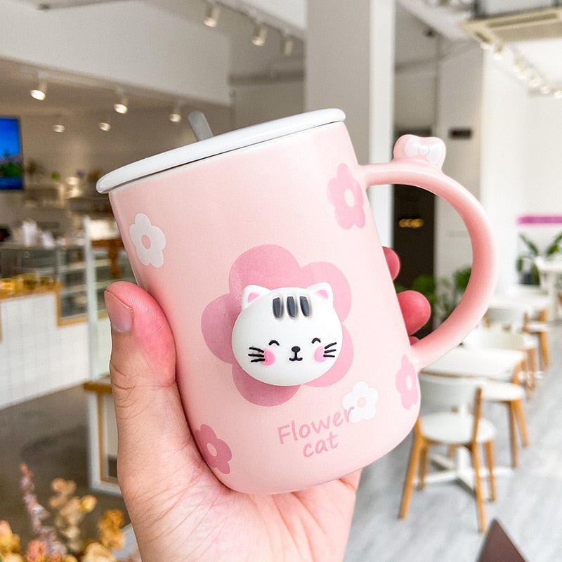 Cat Head Mug - Pink Flower
