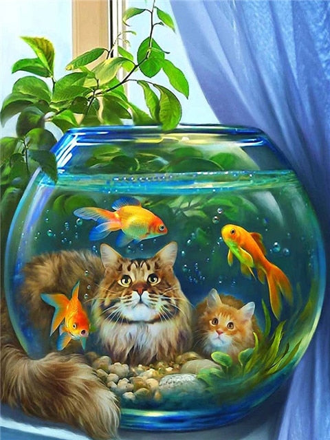 Cat Kiss Fish Diamond Painting - Green / Full Square 20X25cm