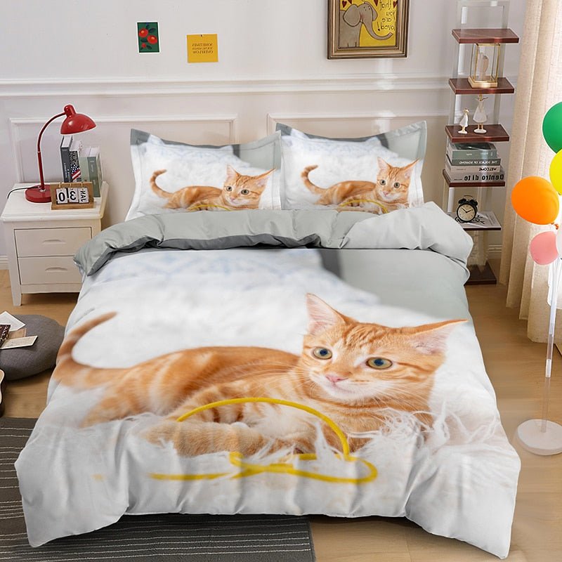 Cat Print Duvet Cover - Yellow / US Twin 173x218cm