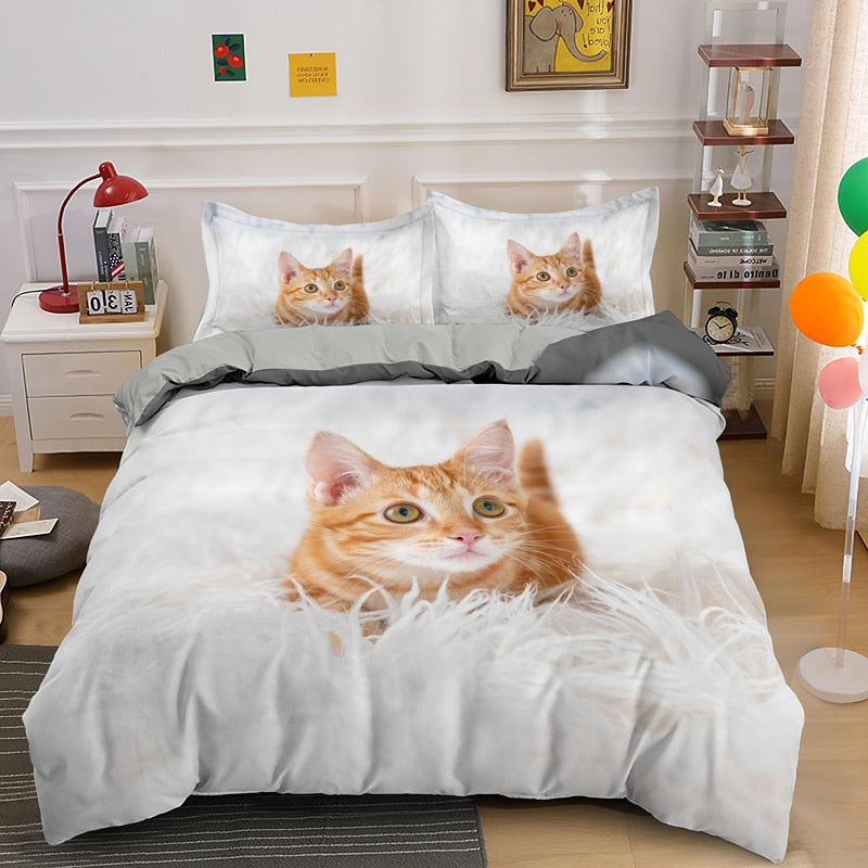 Cat Print Duvet Cover - White / US Twin 173x218cm