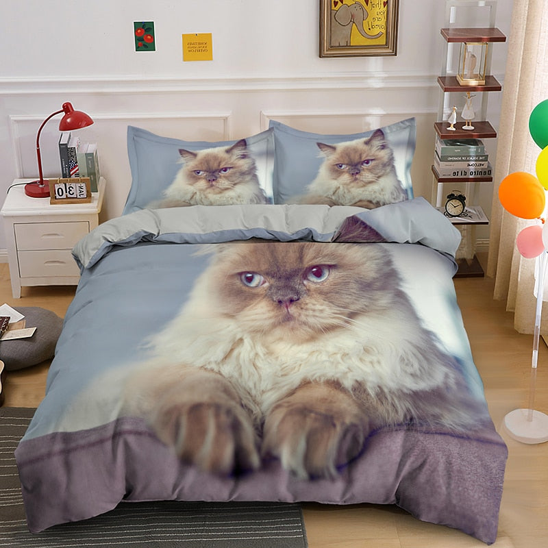 Cat Print Duvet Cover - Blue / US Twin 173x218cm