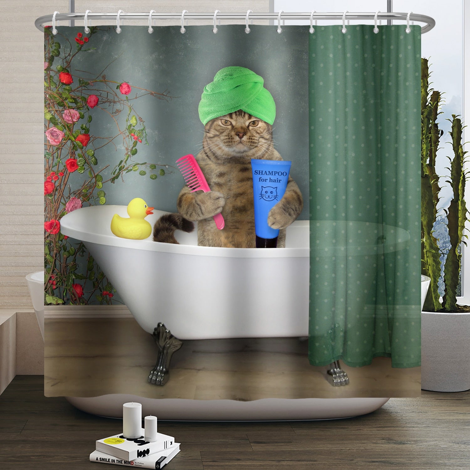 Cat Print Shower Curtain - Bath / W120xH180cm