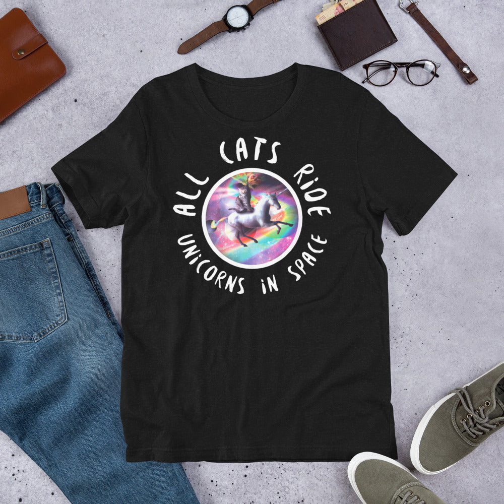 Cat Riding Unicorn shirt - Black Heather / XS