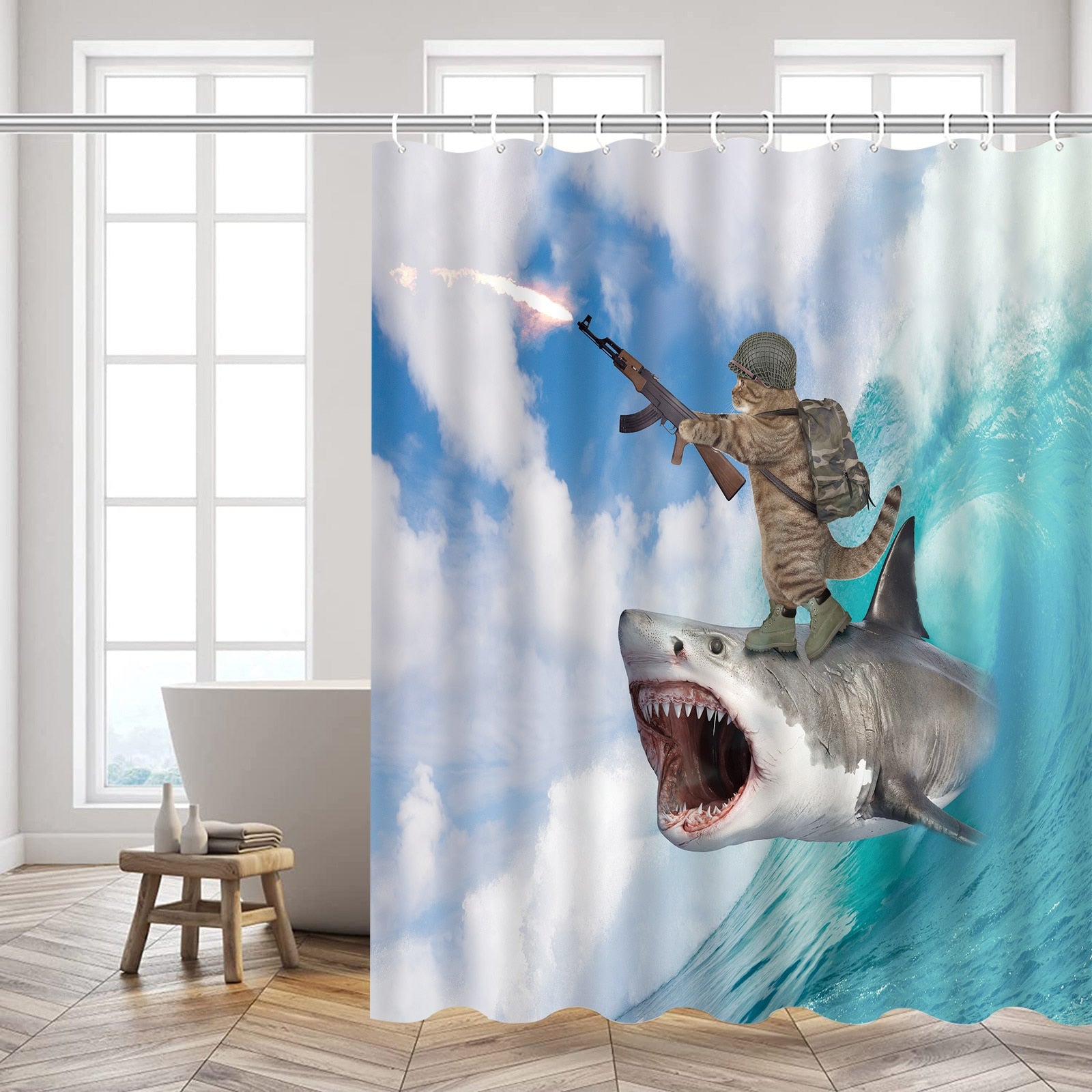 Cat Riding Whale Shower Curtain - Fly / 90x180cm-35x70inch