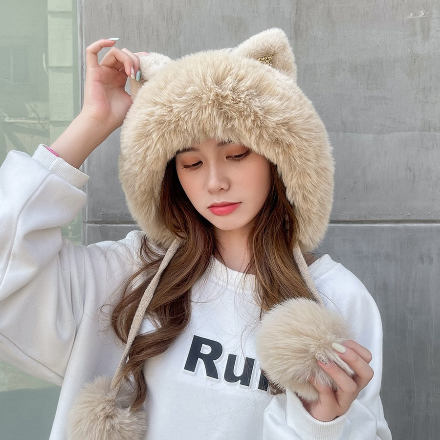 Cat Winter Hat - Beige / 55-59cm - Cat beanie