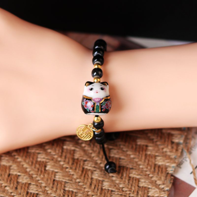 Chinese Lucky Cat Bracelet - Black - Cat bracelet