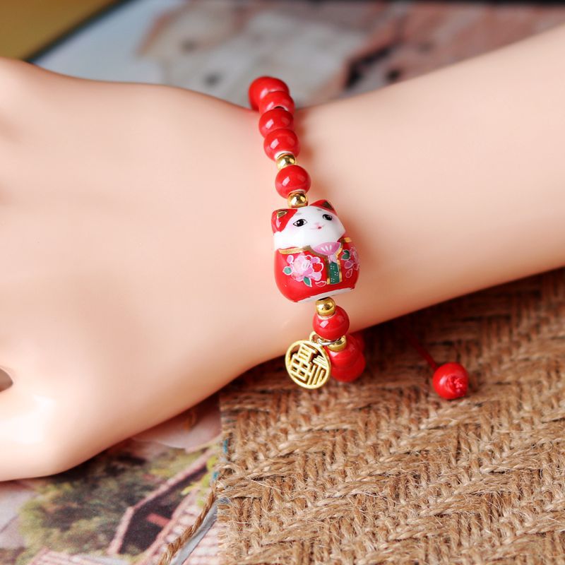 Chinese Lucky Cat Bracelet - Red - Cat bracelet