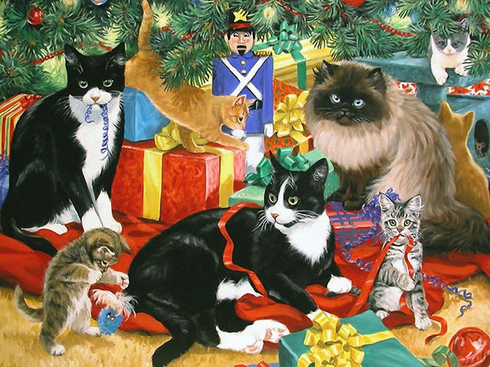 Christmas Cat Diamond Painting - Yellow / 20x30cm-Round