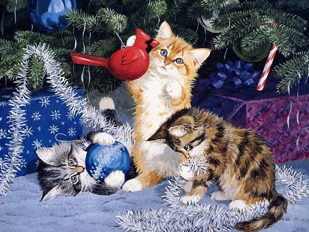 Christmas Cat Diamond Painting - Blue / 20x30cm-Round Drill