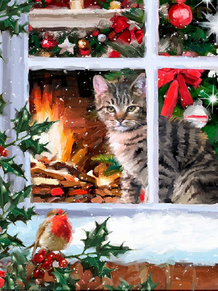 Christmas Cat Diamond Painting - Red / 20x30cm-Round Drill