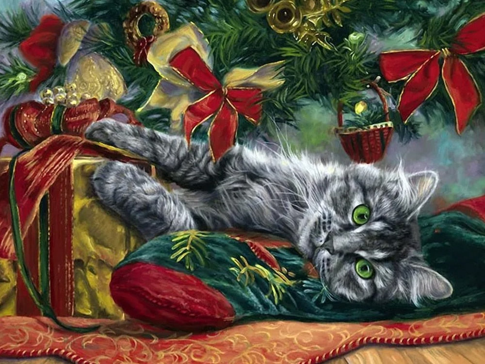 Christmas Cat Diamond Painting - Green / 20x30cm-Round Drill