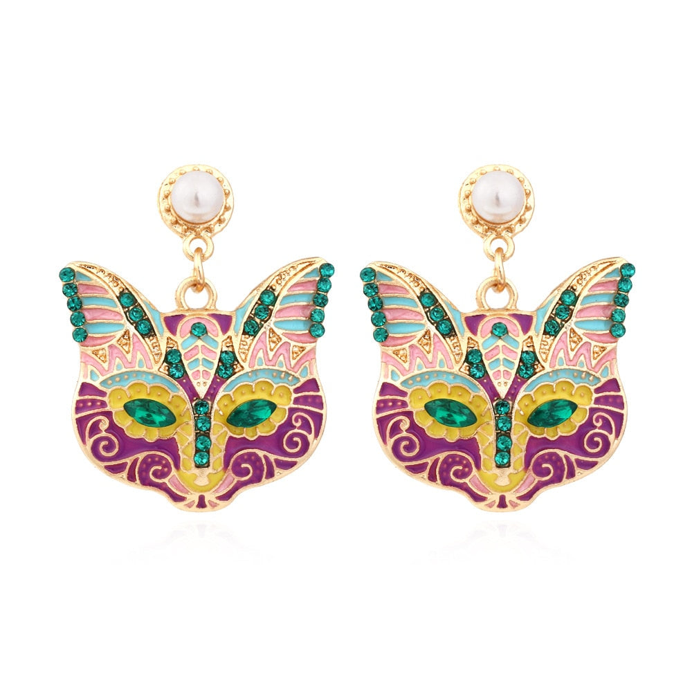 Colorful Cat Head Earrings - Purple - Cat earrings