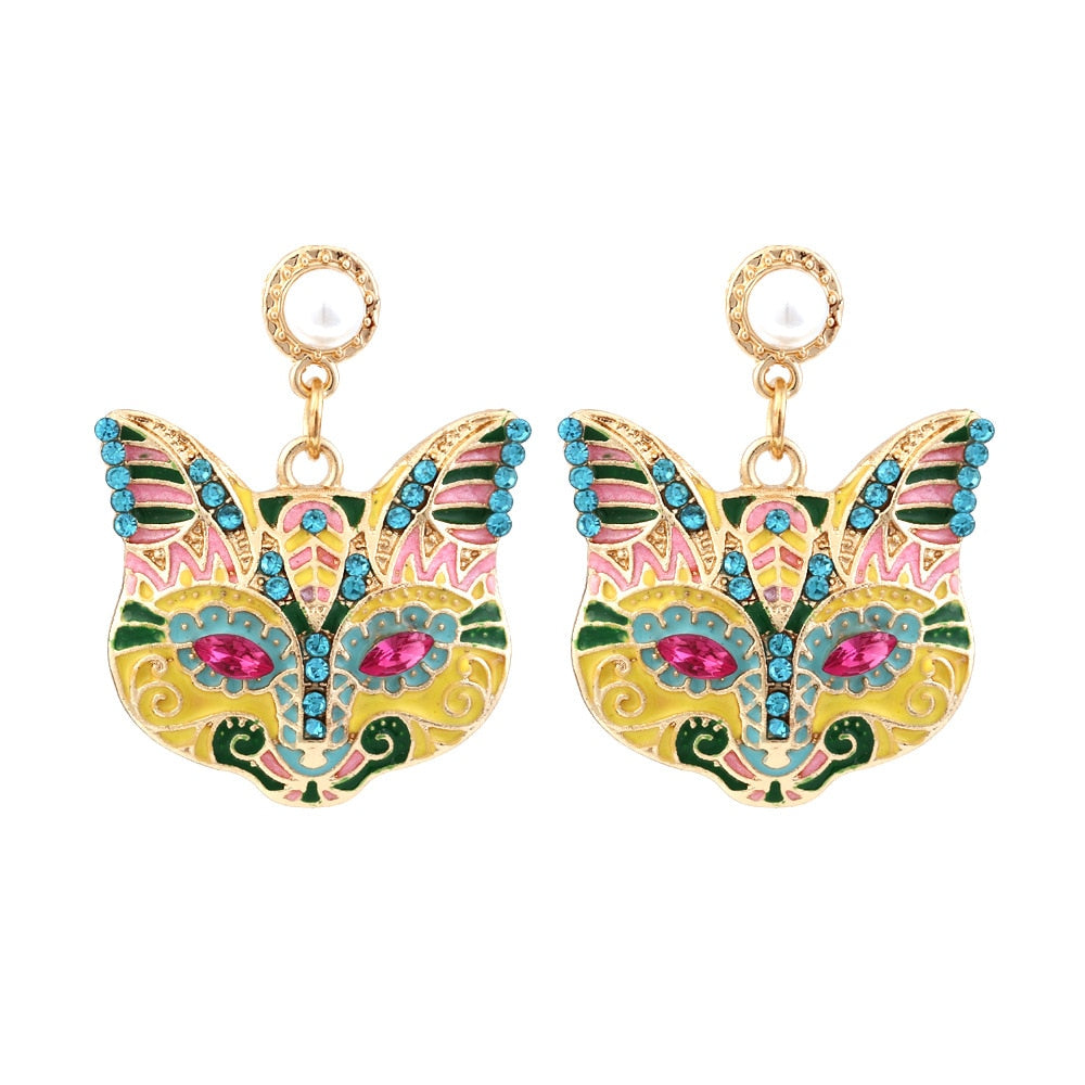 Colorful Cat Head Earrings - Yellow - Cat earrings