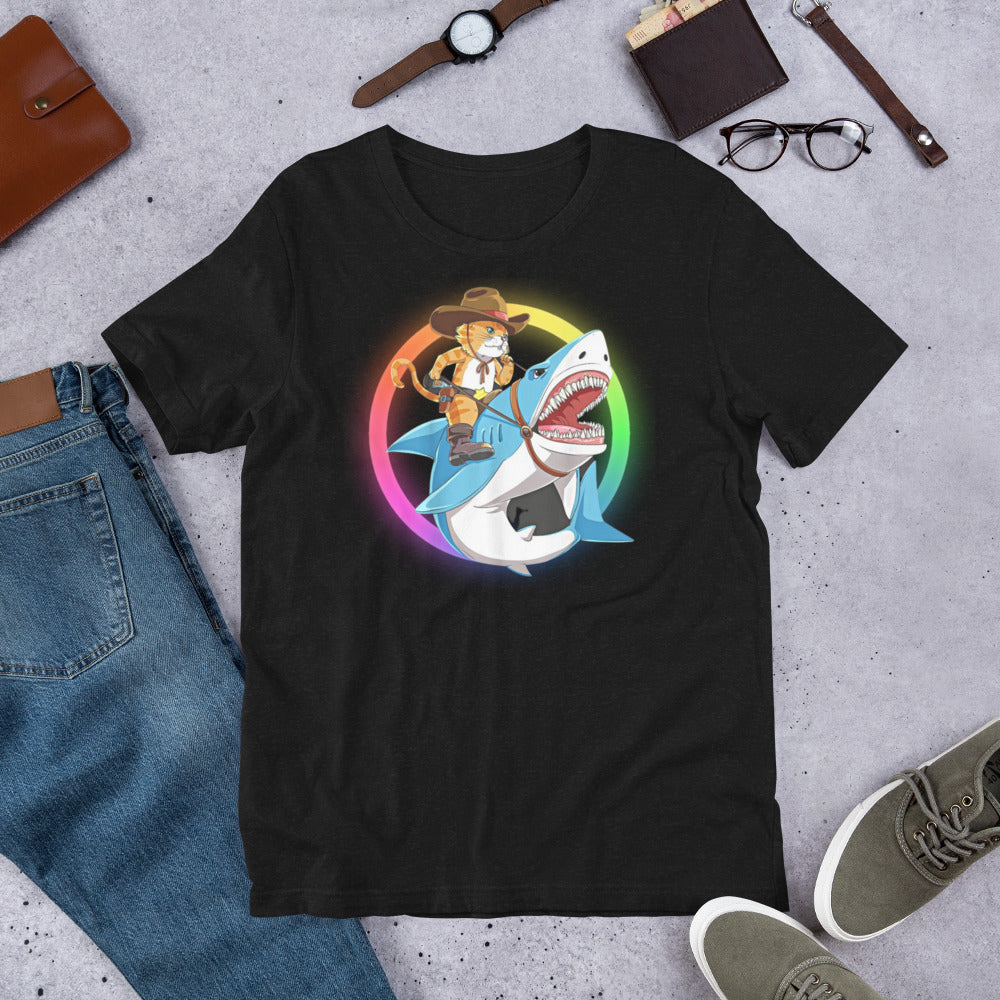 Cowboy Cat Riding Shark shirt - XS