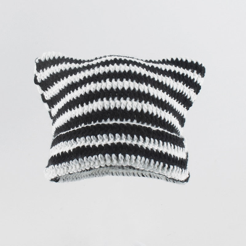 Crochet Beanie Cat Ears - Black and white / 56-59cm - Cat