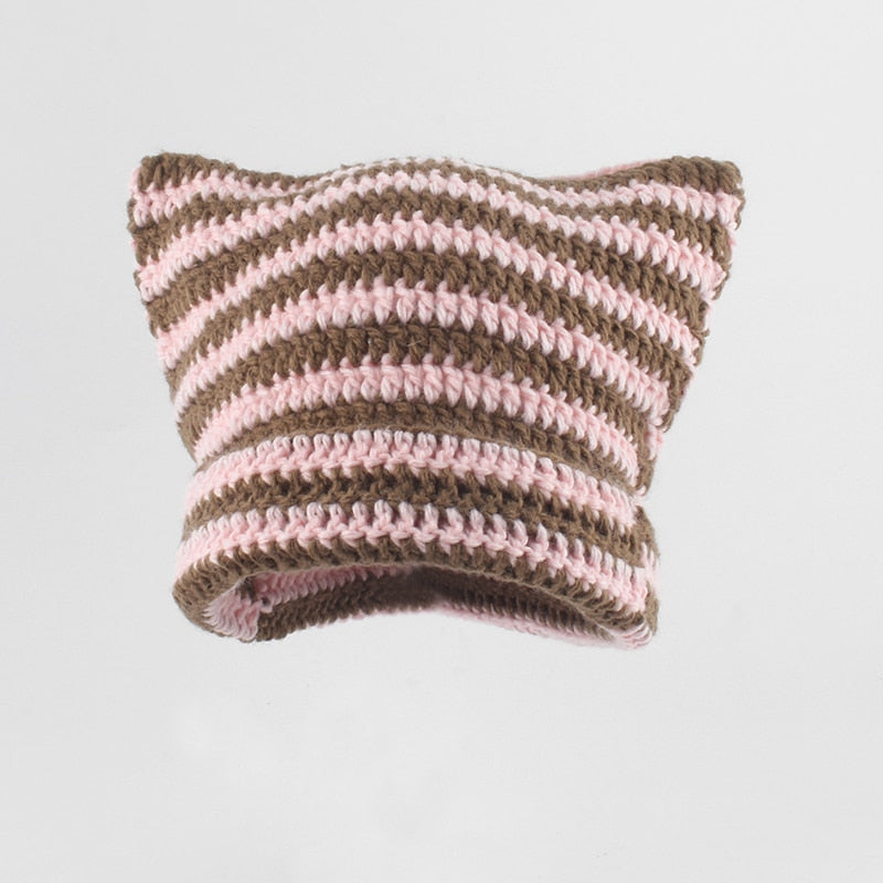 Crochet Beanie Cat Ears - Pink and Brown / 56-59cm - Cat
