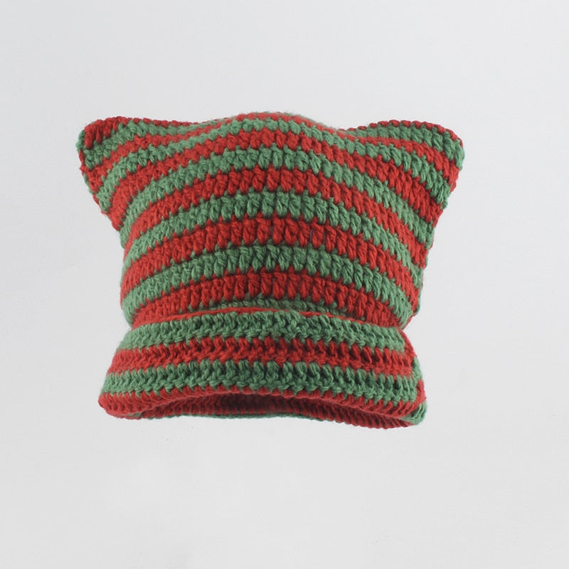 Crochet Beanie Cat Ears - Green and Red / 56-59cm - Cat