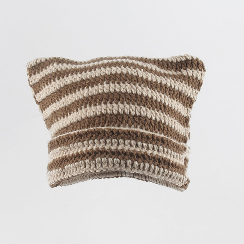 Crochet Beanie Cat Ears - Beige and Brown / 56-59cm - Cat
