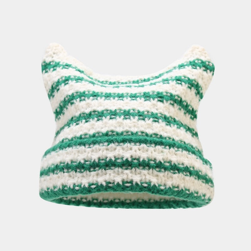 Crochet Beanie Cat Ears - Green / 56-59cm - Cat beanie