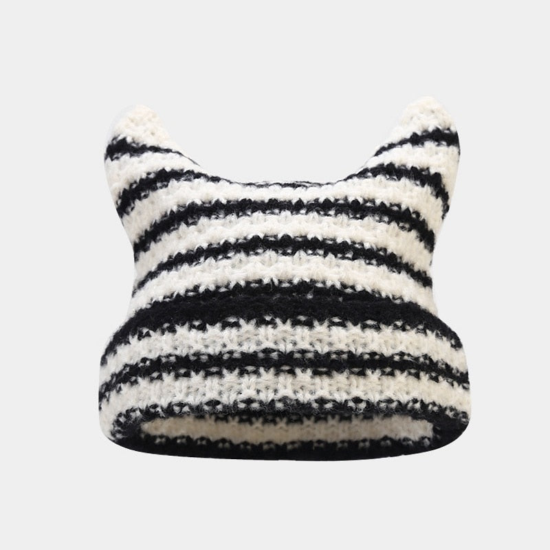 Crochet Beanie Cat Ears - Black / 56-59cm - Cat beanie