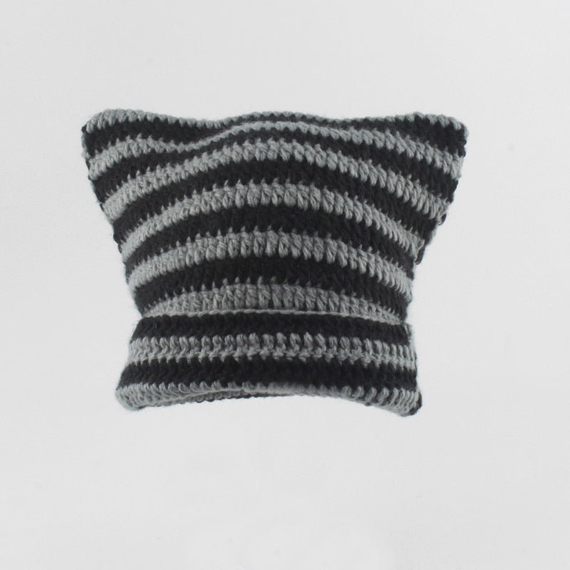 Crochet Beanie Cat Ears - Black and Gray / 56-59cm - Cat
