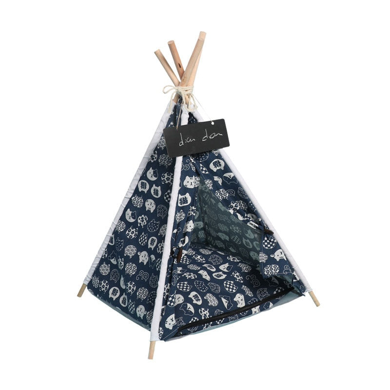 Cushioned Tent Cat Bed - Dark Blue / 48X48X46X32CM