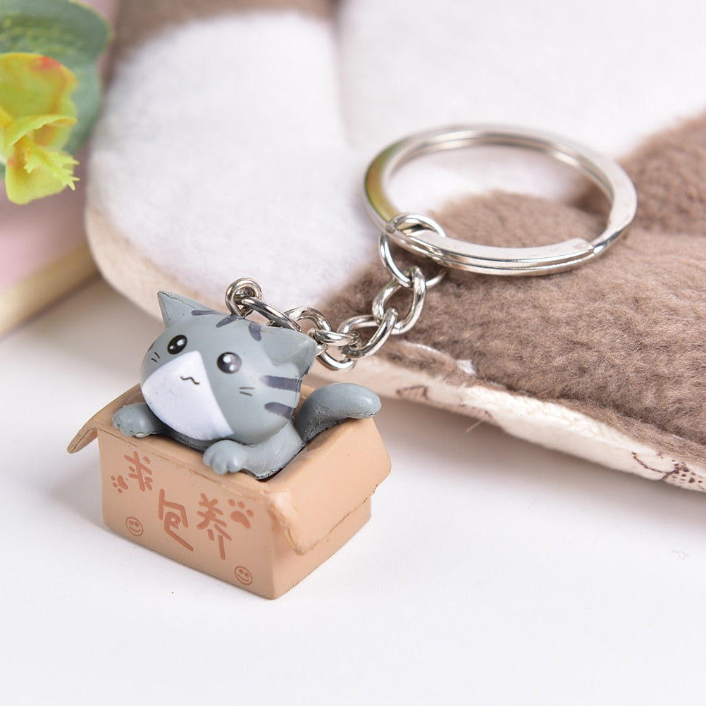 Cute Box Cat Keychain - Grey - Cat Keychains