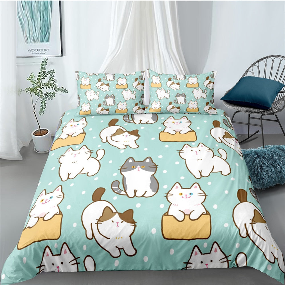 Cute Cat Duvet Cover - Green / 70x133cm 2pcs